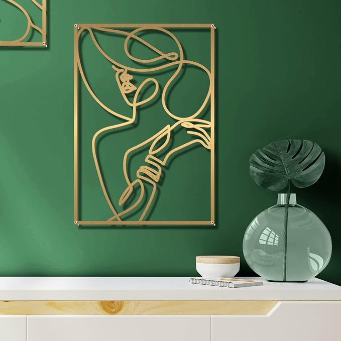 Glamativity 4 Pack Minimalist Wall Art, Real Metal Abstract Wall Art (Woman's Body Shape, Gold Elegant Style, M Size 17 x 11.8'')