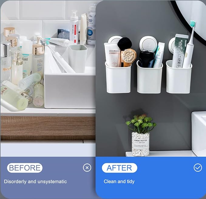 Powerful Suction Toothbrush Holder, Removable Drill-Free Wall Shower Holder for Toothbrush, Toothpaste, Razor, Self-draining Suction Cup in Shower, Kitchen Tableware Organizer, White, 2 Pack