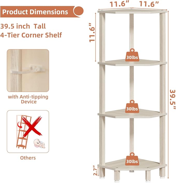 YUFAM 4-Tier Corner Shelf, Grey White | Wooden Corner Bookshelf for Small Spaces, Corner Standing Shelf with Sturdy 5-Leg Base