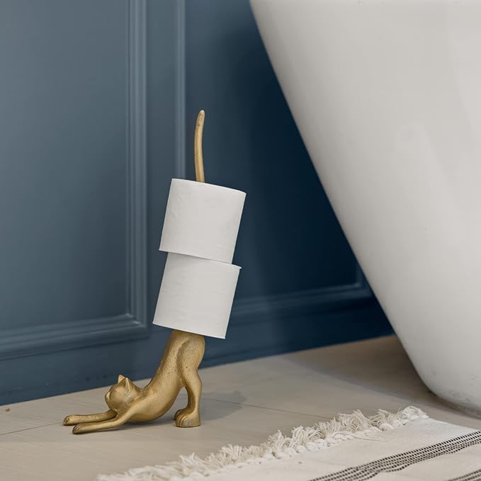 Gold Paper Towel Holder, Metal Toilet or Kitchen Paper Holder for Floor or Countertop, Gold Cat | 18.6 inch tall gold cast iron hand towel holder for kitchen countertop or bathroom with weighted base, no assembly