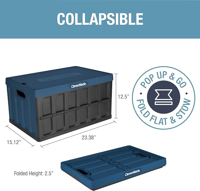 CleverMade Collapsible Storage Bin (With Lid) - 62L - Ocean (3PK) | Store Bigger Loads Under a Secure Lid | Each Bin Holds 100 lb, Stacks Neatly, and Folds to 2.5 Inches When Empty
