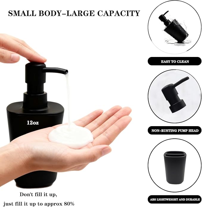 LGURT Matte Black Bath Accessories Set — 4-Pc Dispenser, Holder & Cup | Compact 4-piece matte black bath set. 10oz dispenser, toothbrush holder, cup & dish. Countertop-friendly. Budget-friendly.