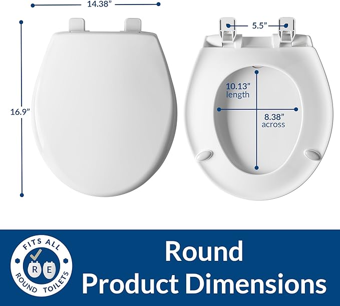 Mayfair Collins Slow Close Toilet Seat, Durable Plastic Seat with Extra Stability Bumpers and Secure Hinges, Made in USA, Round, White