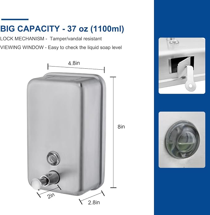 Commercial Soap Dispenser Wall Mount Stainless Steel, Vertical | Rust-Proof Lining and Anti-Leak Pump Liquid Hand 1100ml / 37oz.