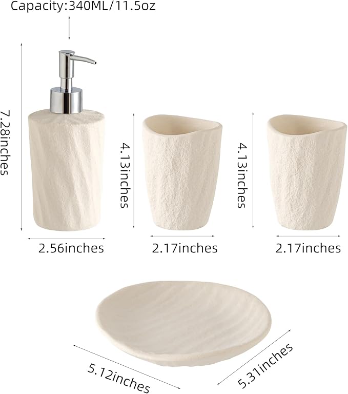Bathroom Accessories Set, 4 PCS Modern Stone Texture, White | Minimalist, Resin, with Liquid Soap Dispenser 11.5 OZ, Tumblers, Toothbrush Holder, Bar Soap Tray, For Countertop Sink