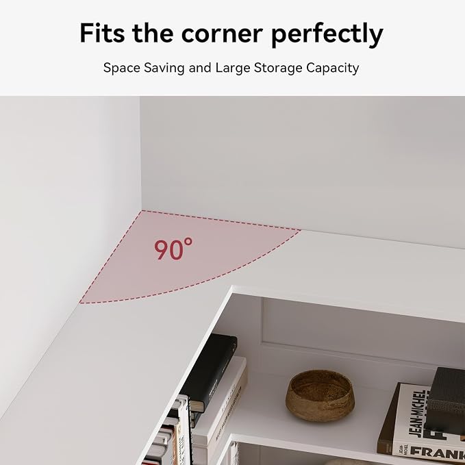 Corner Bookshelf, Freestanding L Shaped Display Shelf, 6 Tiers Bookcase with Baffles, Wooden Bookcase with Storage Organizer for Home Office, Living Room, Bedroom (35.2")