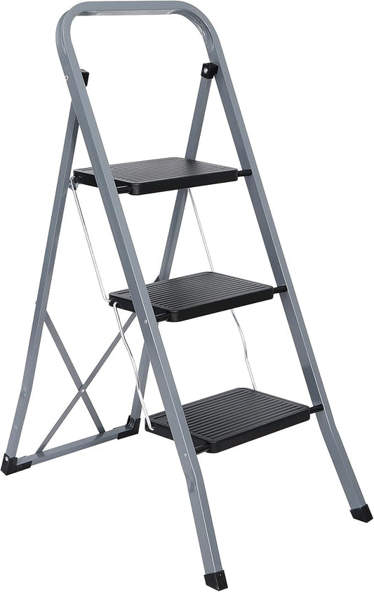 ZENY 3 Step Ladder Folding Step Stool with Wide Anti-Slip Pedal, Convenient Handgrip, Portable Steel Step Stool, 300 lbs Sturdy Steel Ladder for Household and Office