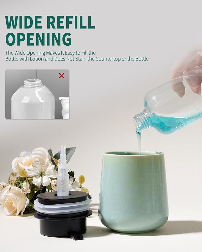 BosilunLife Ceramic Soap Dispenser - Dish Soap Dispenser for Bathroom 12Oz | Refillable Liquid Hand Wash Dispenser for Essential Oil, Lotion Soap, Light Green