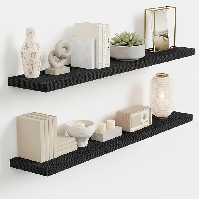Vivelove Floating Shelves 9 inch Deep 40”Long Set of 2, Black | Easy Install With Hardware, 1.5" Thick, Invisible Brackets, Wall Mounted, No Sagging, For Any Room