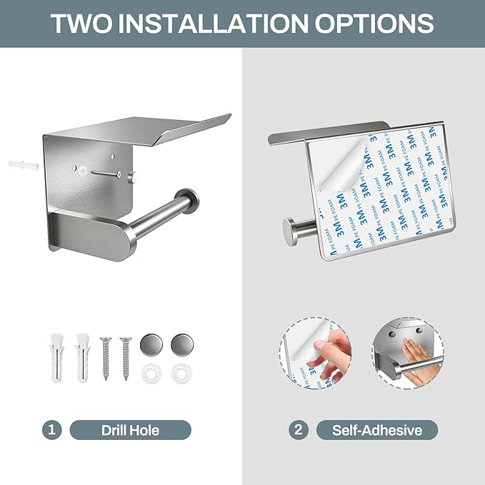 SetSail Toilet Paper Holder with Shelf Adhesive or Screw-in Brushed Nickel | 2 Packs,Adhesive or Screw-in,Waterproof and Rustproof Stainless Steel,Wall Mount Design,for Bathroom Hardware Accessories