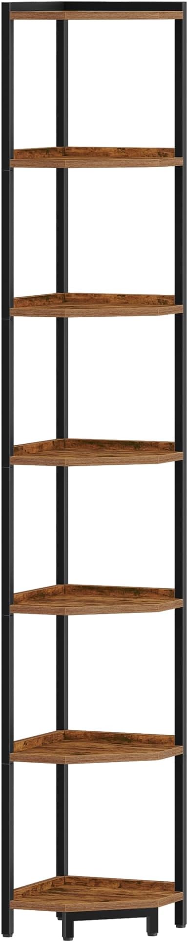 Hzuaneri Corner Shelf Stand 7-Tier Corner Bookshelf Storage Standing Shelf | Bookcase Plant Stand with Metal Frame for Living Room, Home Office, Bedroom, Rustic Brown CS07001B