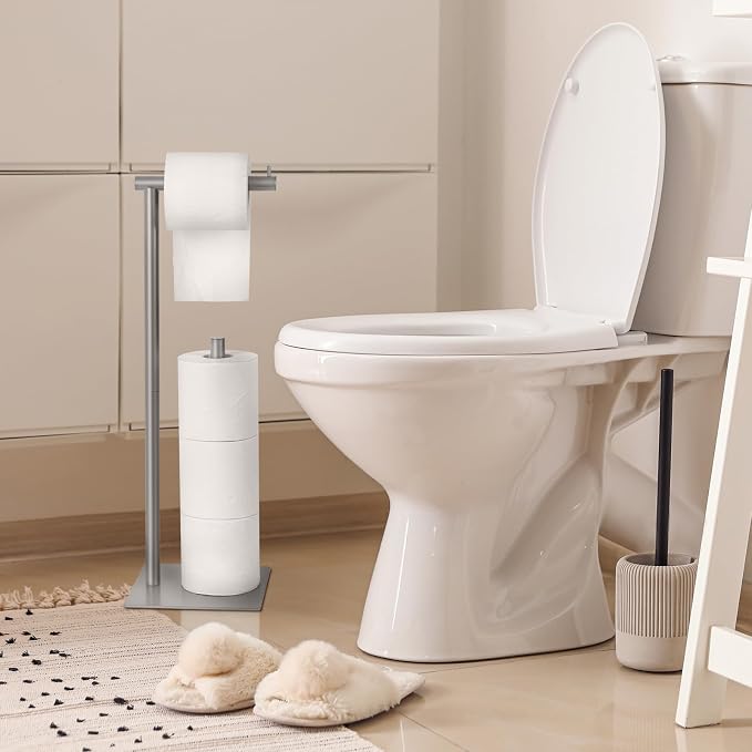 Toilet Paper Holder Stand Silver Toilet Paper Roll Holder for Bathroom, Freestanding Metal TP Holder with Reserve Toilet Tissue Storage Shelf, Holds Up to 4 Rolls of Paper | Freestanding TP Holder with Reserve Toilet Tissue Storage Shelf, Holds Up To 4...