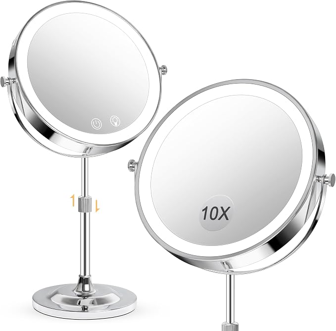 9" Makeup Mirror with Lights,5000mAh Rechargeable Vanity Mirror,1X/10X Double Sided Magnifying Mirror with Adjustable Height, 3 Colors Stepless Dimming Lighted Makeup Mirror,Women Gift