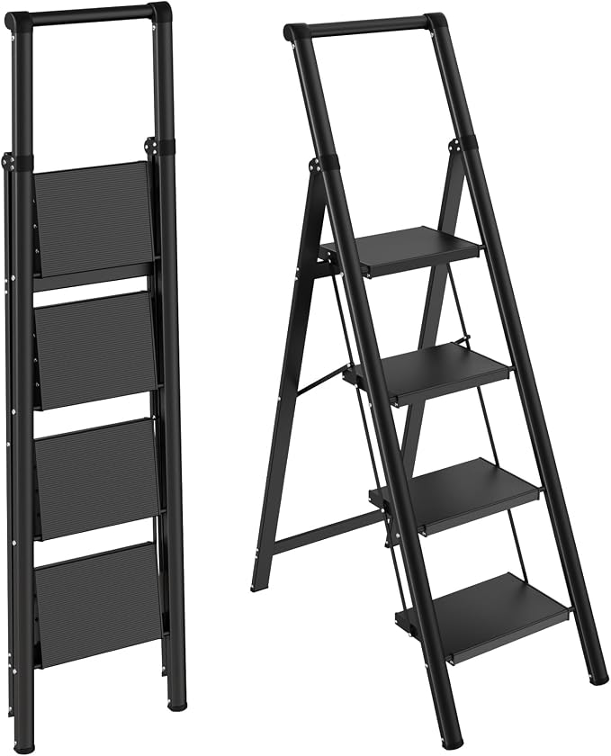 HBTower 4 Step Ladder, Lightweight Aluminum Folding Step Stool | Anti-Slip Wide Pedal, 330lbs Capacity Step Ladder for Household Kitchen Office, Black