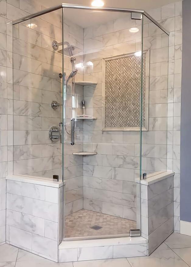 2 pcs Marble Shower Corner Shelf for Bathroom, 9 Inch x 9Inch Gray Veins and Soft White Marble Corner Shelves for Bath Wall Mounted Both Side Polished