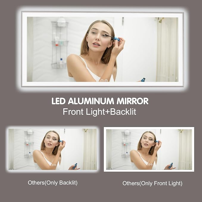 60x28 Inch LED Bathroom Mirror with Silver Frame | Silver Metal Frame, Front and Backlit, 3 Colors, Dimmable, Memory, Anti Fog, Tempered Glass, Lighted Mirror for Wall