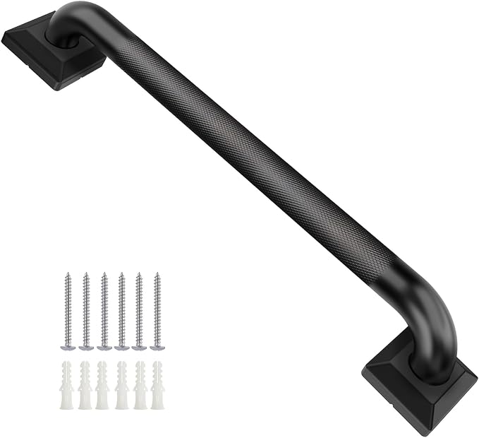 Shower Grab Bars for Seniors, 18 Inch Square Matte Black Bathroom Handle for Wall, Stainless Steel Anti Slip Bathtub Safety Bar, ADA Compliant 500 LBS Hand Rail for Elderly, Handicap