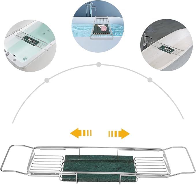 Stainless Steel Bathtub Tray, Expandable Marble Bath Tray for Tub, 44.09 lbs Capacity Bath Caddy for Bathtub Bathroom Accessories for Home Spa (Silver + Green)