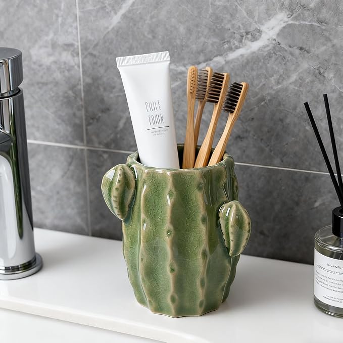 Ceramic Cactus Green Toothbrush Holder,Western Fun Bathroom Decor