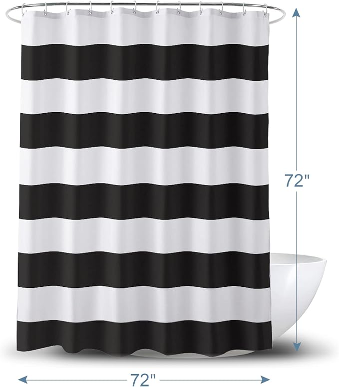 AmazerBath Black and White Shower Curtain Cloth, Striped Shower Curtain Fabric with 2 Heavy Stones, 72" W x 72" H