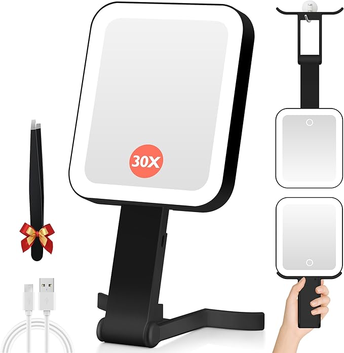 Magnifying Travel Mirror with Light, 30X/1X Double-Sided Magnifying Mirror with 3 Color Lights, Brightness Adjustable, Foldable Handheld Makeup Mirrors Portable for Travel and Desktop, Black