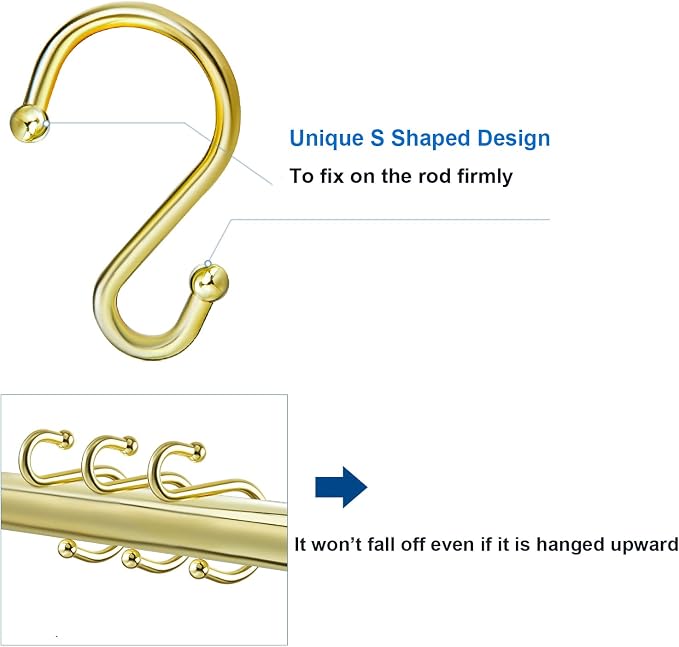 TOPROD S Shaped Shower Curtain Hooks Rings Shower Curtain Hangers S Hooks | Gold,Stainless Steel,Rust Proof,Durable,Free Gliding,Kitchen, Wardrobe,Set of 12