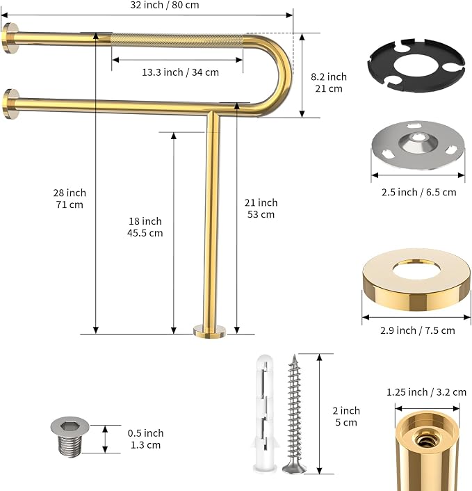 Toilet Support Rail 32 Inch, Munzong Anti-Slip Gold Handicap Grab Handrail | Bathroom Stainless Steel Floor Rails Knurled Safety Handrails with Leg for Elderly Disabled Pregnant-1.25’Tube