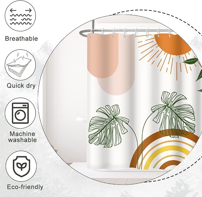 Boho Orange Shower Curtain with Hooks for Bathroom 72x78 Inch | Waterproof Abstract Sunrise Shower Curtain Set, Green Leaves Soft Bathroom Decor, Machine Washable