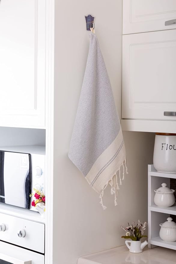 Evelynen Turkish Hand Towels for Bathroom & Kitchen Towels Decorative Set of 2 | Boho Farmhouse Hand Towels with Hanging Loops for Face, Dish, Kitchen & Bath | (16" x 32" - Grey)