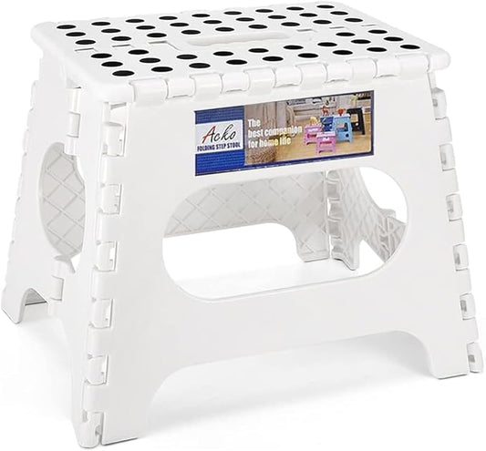 ACKO 11" Folding Step Stool for Kids, Holds 300 lb Foldable Stools, White | Heavy Duty Collapsible Foot Stool, Lightweight with Built-in Handle, Non-Slip for Adults Kitchen Bathroom Bedroom Outdoor