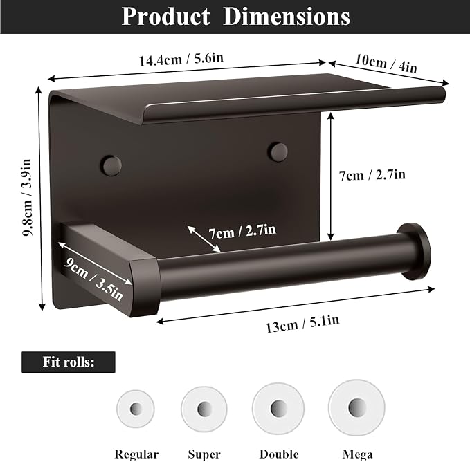 Toilet Paper Holder with Shelf Wall Mounted Toilet Paper Roll Dispenser | Heavy Duty Stainless Steel Bronze
