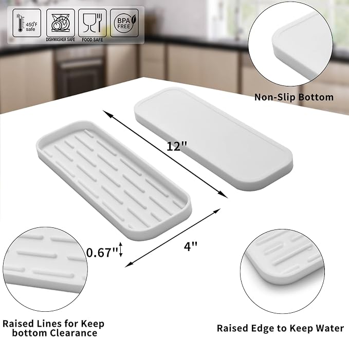 MicoYang Silicone Kitchen Sink Organizer Tray for Multiple Usage,Eco-Friendly Sponges Holder for Kitchen Bathroom Counter or Sink,Dish Soap Dispenser,Scrubber,Bottle,Cup (White, 12"×4")