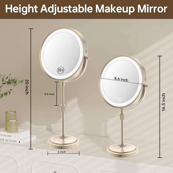 9" Lighted Makeup Mirror with 1X 10X Magnification, Brushed Nickel Finish | 5000mAh Rechargeable Magnifying Vanity Mirror Height Adjustable,Light Up,3 Colors,Dimmable,Cordless,Tall Telescoping Stand