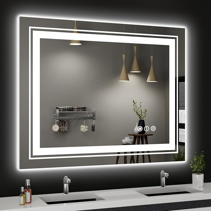 Snowdool 40 x 32 in LED Bathroom Mirror, Front and Backlit, Anti-Fog | Front and Backlit, Stepless Dimming, Anti-Fog, Memory Function