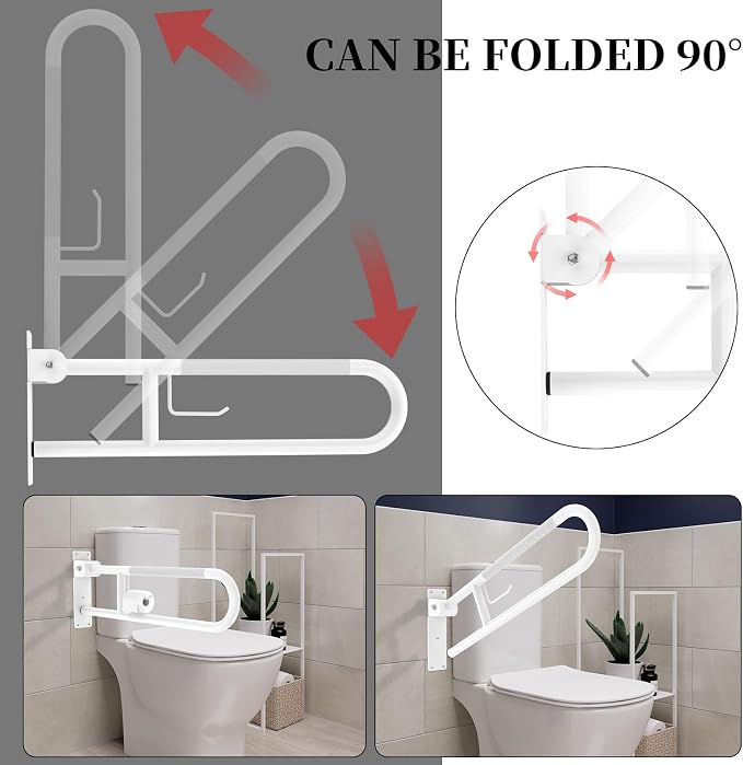 Toilet Grab Bar 32 Inch, YuanDe White Anti-Slip Support Rail | U Shaped Flip-Up Grab Bar with Paper Holder, Stainless Steel Knurled Handicap Safety Handrails for Disabled Elderly Pregnant
