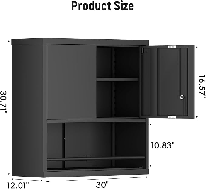Metal Cabinet,Lockable Storage Cabinet with Doors,Metal Garage Wall Cabinet with Adjustable Shelf,Locking Cabinet for Home Office,Garage,Shop,Black