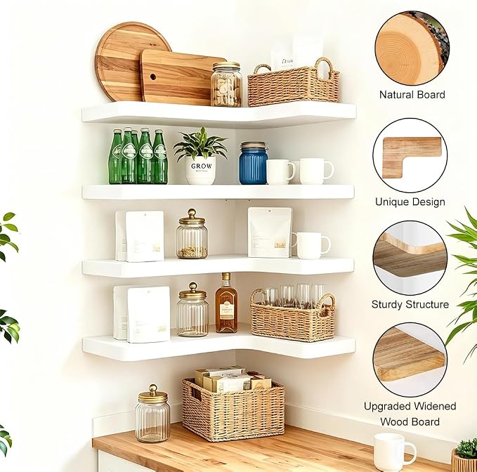 Floating Corner Shelves, Wall Shelf Set of 4, Shelves for Wall Storage, Solid Wood Shelves for Storage, Wall Mount Wooden Display Shelf for Bathroom Bedroom Kitchen Garage (White 4 Pcs)