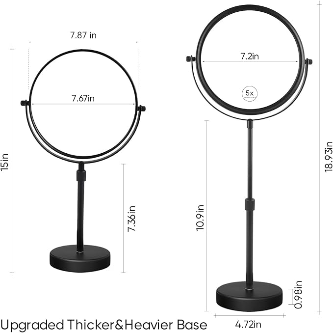 Nicesail Taller Tabletop Makeup Mirror, 8 Inch 5X Magnified, Matte Black | Higher, Countertop Standing, 15in-19in Height Adjustable, Double Sided Mirror, 5X Magnifying Desk Vanity Make up Table Mirror