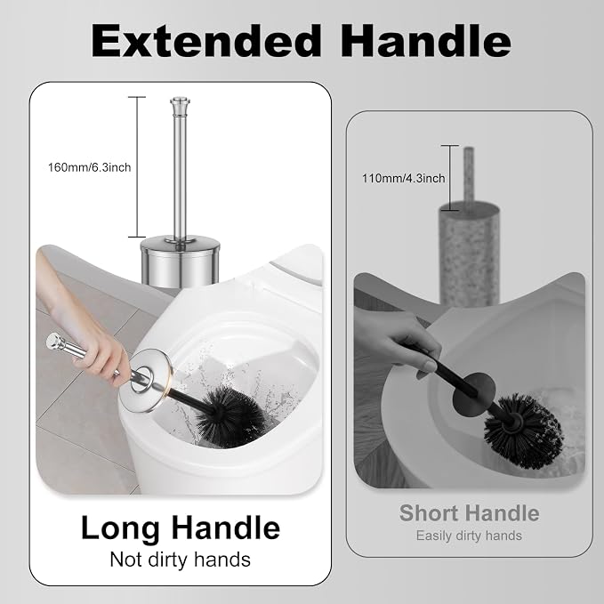 Silver Toilet Brush and Holder，Long Handled Gold Toilet Brush for Bathroom，Stainless Steel Heavy Duty Toilet Bowl Brush,Removable Inner Bowl,Deep Cleaning Dense Bristles Cleaner Brush -Space Saving