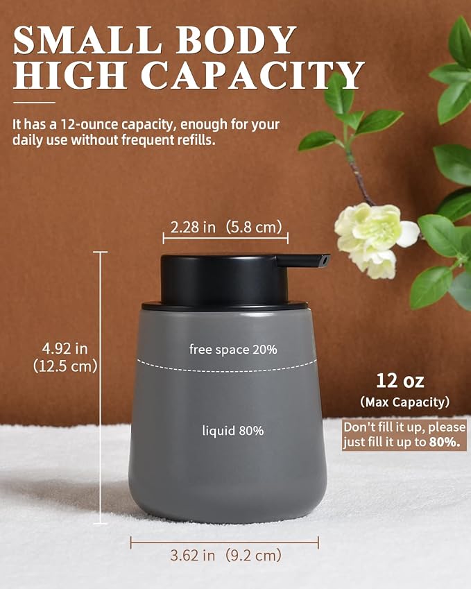 BosilunLife Ceramic Soap Dispenser - Dish Soap Dispenser for Bathroom 12Oz | Refillable Liquid Hand Wash Dispenser for Essential Oil, Lotion Soap, Modern Grey