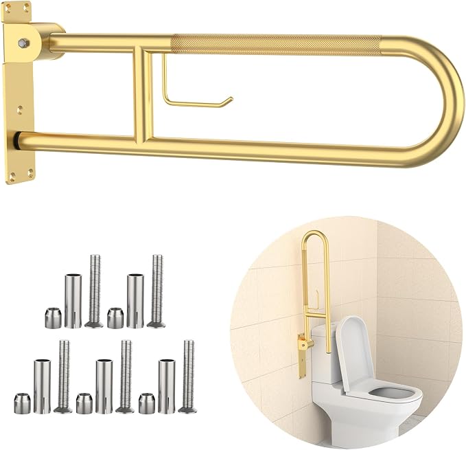 Toilet Grab Bar 32 Inch, YuanDe Flip Up Grab Bar with Paper Holder | Brushed Gold Anti-Slip Safety Bars for Toilet, Stainless Steel Knurled Toilet Handles for Seniors Disabled Elderly Pregnant