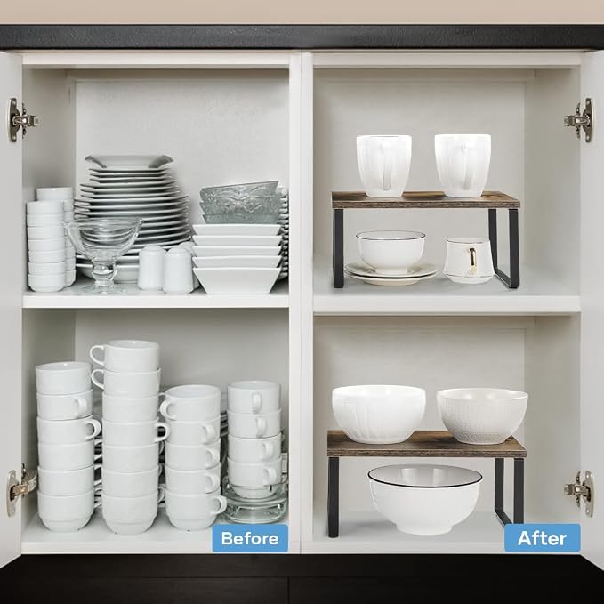 NEX Kitchen Cabinet and Counter Shelf Organizer, Shelf Riser for Pantry Countertop Cupboard Desk Top, Stackable & Expandable, Set of 4, Black and Rustic Brown | Stackable & Expandable Spice Rack, Space-Saving Pantry Organizers Bathroom Countertop Stora...