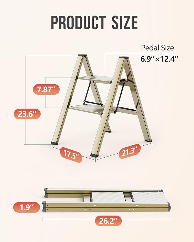 2 Step Foldable Step Stool, 300lbs Load, Gold | Folded 27''H x 2''T; Net 6.6 lbs; Non-Slip Feet: Wood/Tile/Carpet; Rigid Aluminum Steps; No Assembly; Ready From Box.