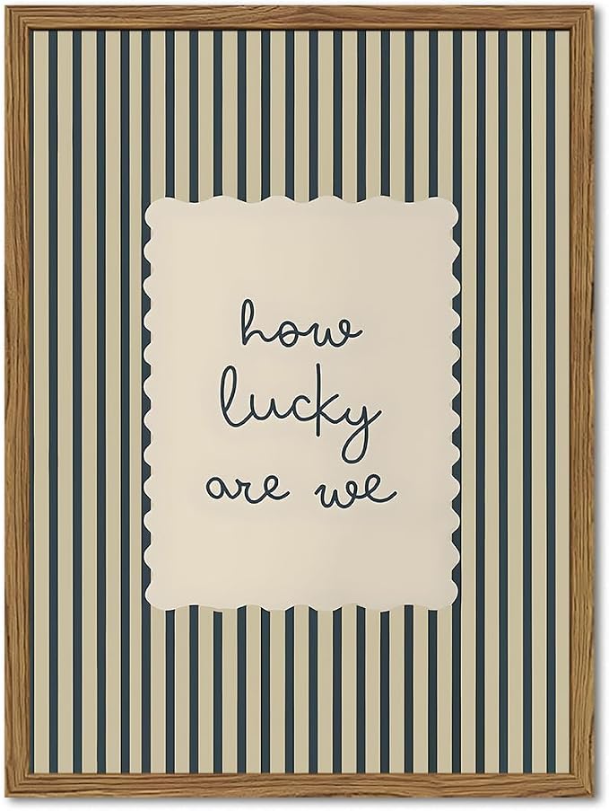 How Lucky Are We Wall Art Trendy Green Striped Quote Sign Wall Decor Picture Preppy Inspirational Poster Canvas Painting Print for Living Room Bedroom Dorm 24x16 Inch Wood Framed