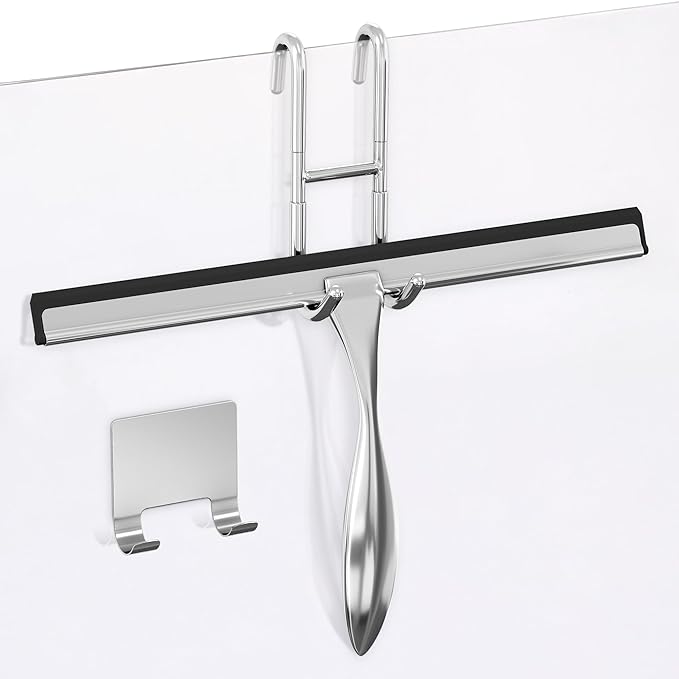 12 in Bathroom Squeegee for Shower Glass, Stainless Steel (Silver) | Shower Squeegee for Glass Doors, Silicone Blade, Adhesive and Hanging Hooks, for Bathroom, Mirror, Tile, Window, and Car