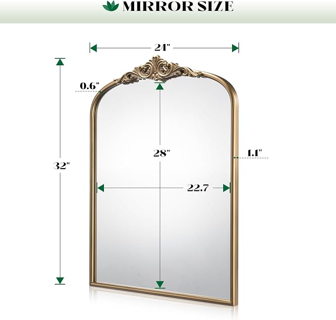 Arched Antique Wall Mirror, 24"x32" Vintage Gold Bathroom Mirror | Ornate Mirror over Sink, Champagne bronze Brass Arch Wall Mirror for Living Room, Bedroom, Fireplace, Entryway