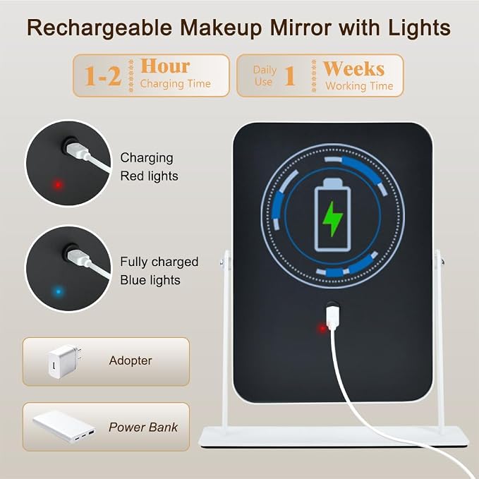 YEKKOPT Small Desk Mirror with Lights, Lighted Makeup Mirror with Light, Portable Tabletop Make Up Mirror for Desk, Vanity Mirror with Lights,Smart Touch Control, Dual Power Supply, 360°Rotation