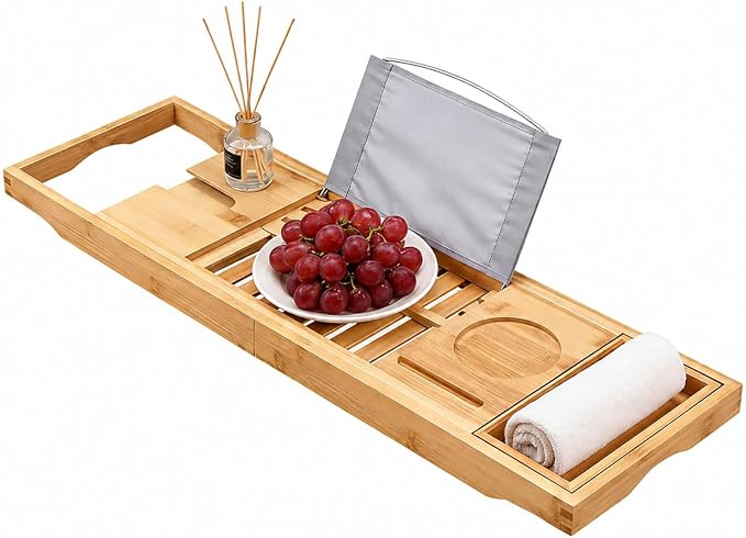70-105CM Extendable Bamboo Bathtub Tray Caddy with Cup Holder for Spa | Non-Slip Pads, Book Stand, Wine Glass Holder, Fits Most Bath Tubs