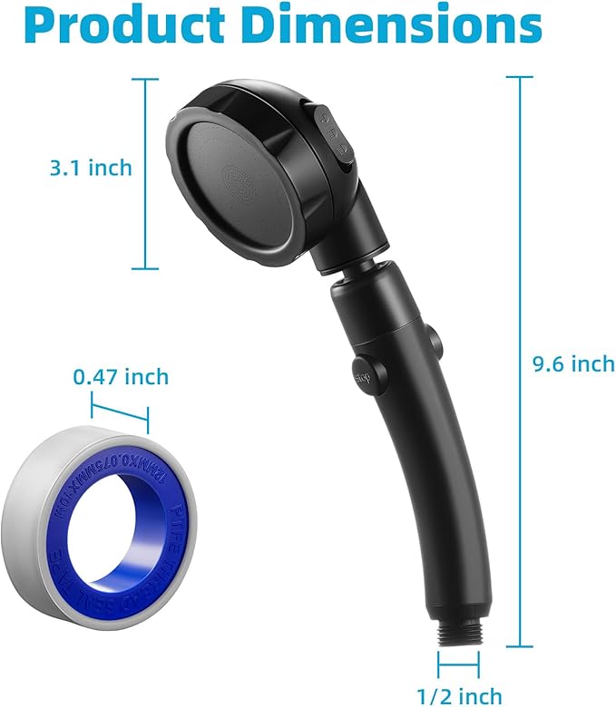 Marbrasse High Pressure Shower Head, 3-Settings Handheld Showerhead with ON/Off Full Shutoff Push Button and Switch to Control Flow, Angle-Adjustable Water Saving Body Sprays (Matte Black)