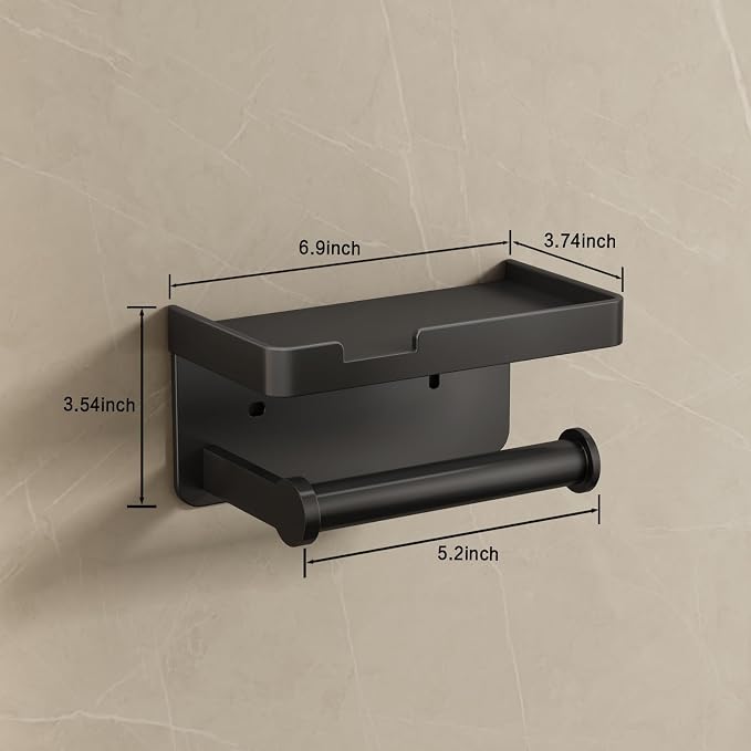 VOLDRA Toilet Paper Holder with Phone Shelf, Self-Adhesive or Screw-in Toilet Tissue Roll Holder Wall Mount, Rustproof & Multifunctional Bathroom Toilet Paper Holder Storage Dispenser(Black)